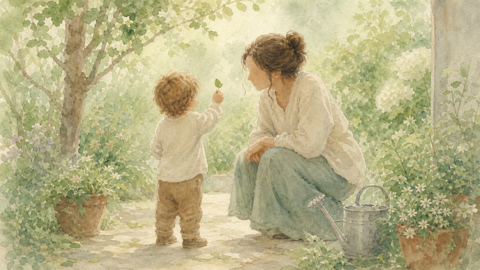 watercolor of an adult kneeling to a child's eye level in a green garden as the child holds up a small leaf