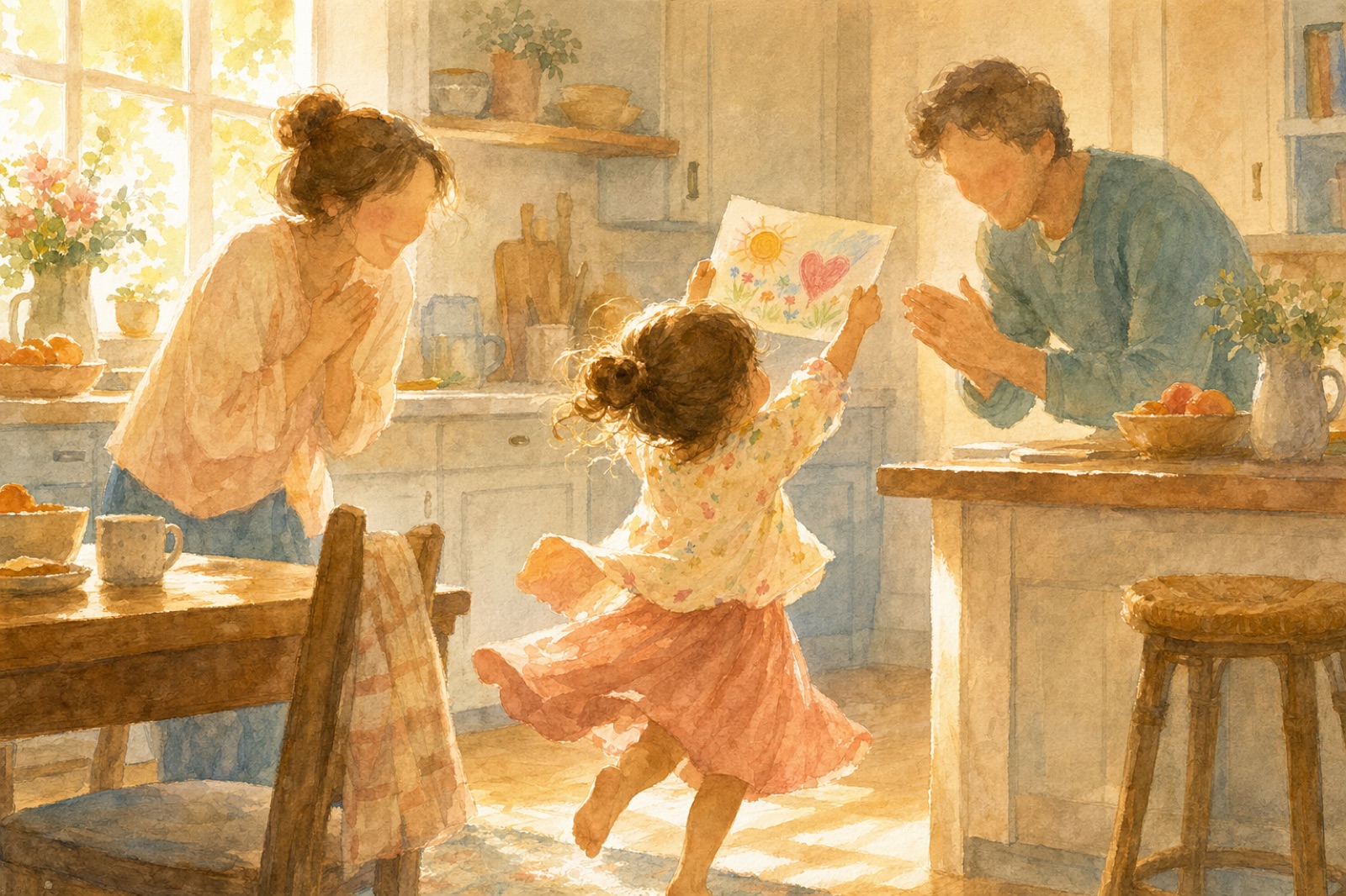 watercolor of a child mid-twirl in a sunlit kitchen holding up a drawing, two adults lighting up with joy