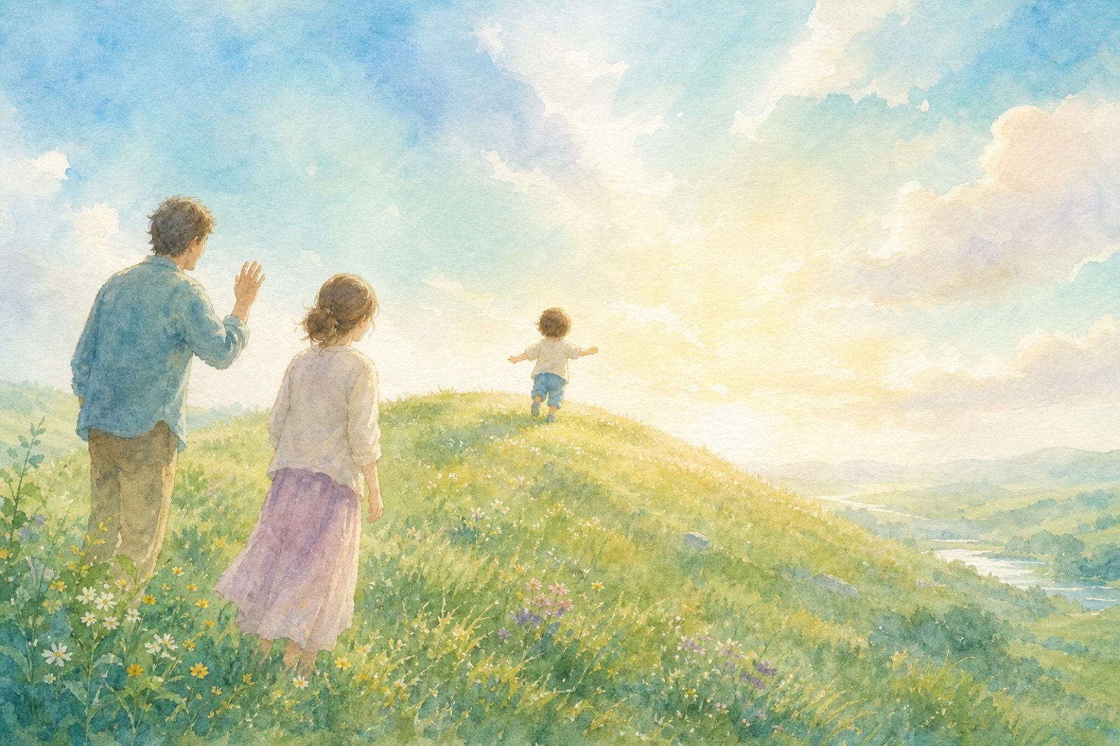 watercolor of a child climbing a grassy hill toward a bright horizon, two adult figures behind, one hand raised in encouragement