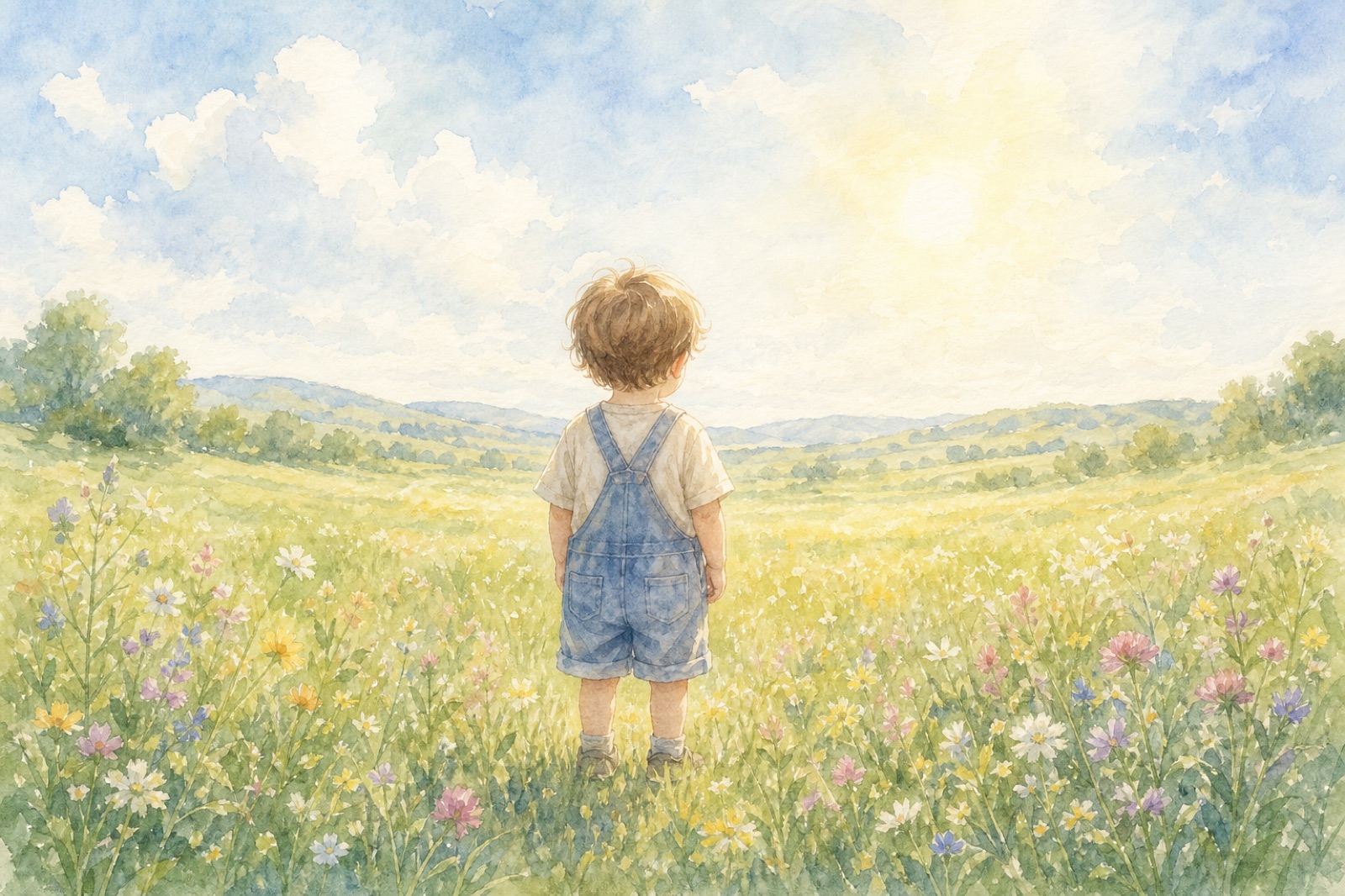 watercolor of a small child standing in a sunlit meadow, seen from behind
