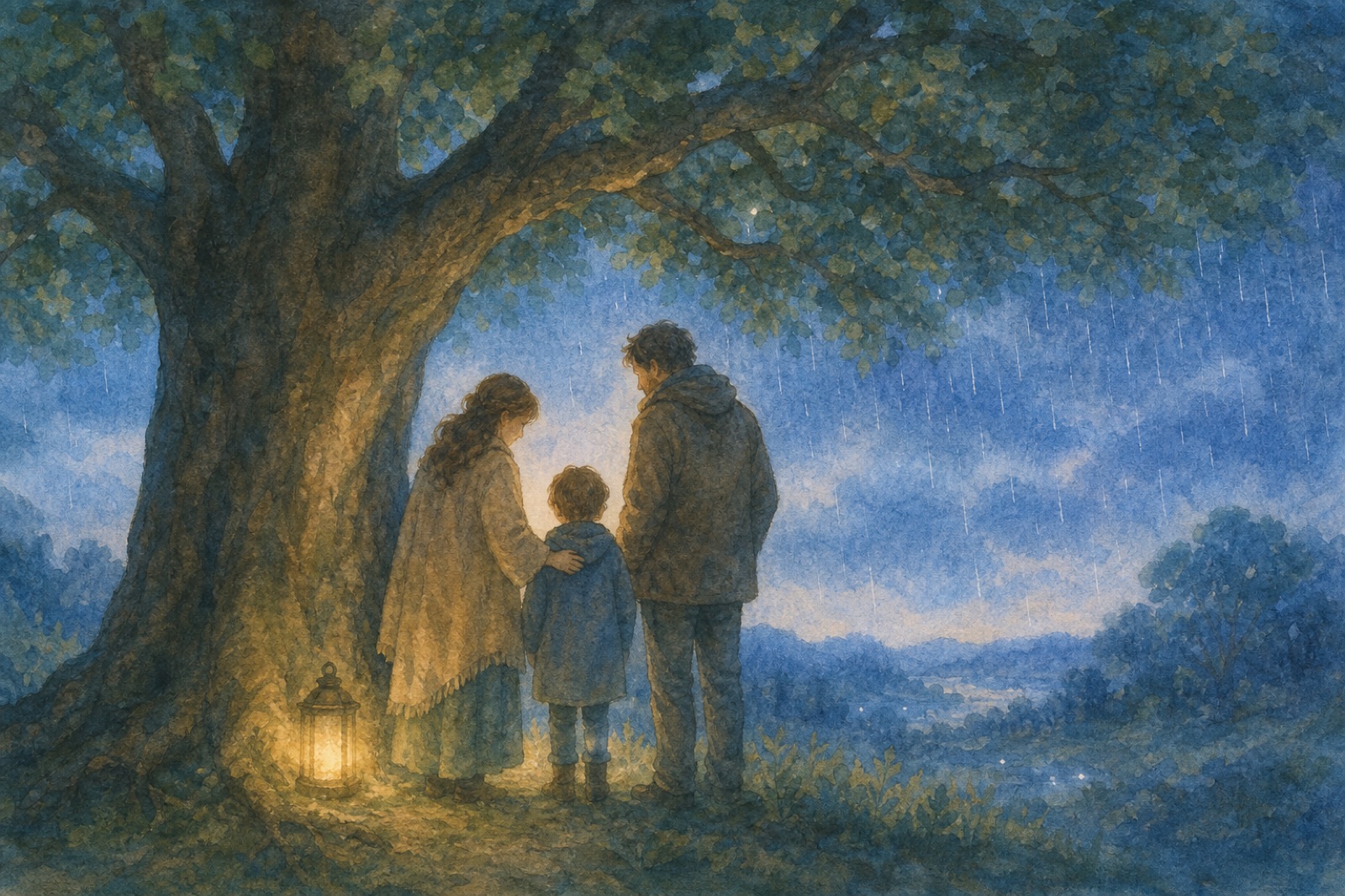 watercolor of a child beneath a great oak at dusk, two warm adult figures close on either side while rain falls beyond the canopy