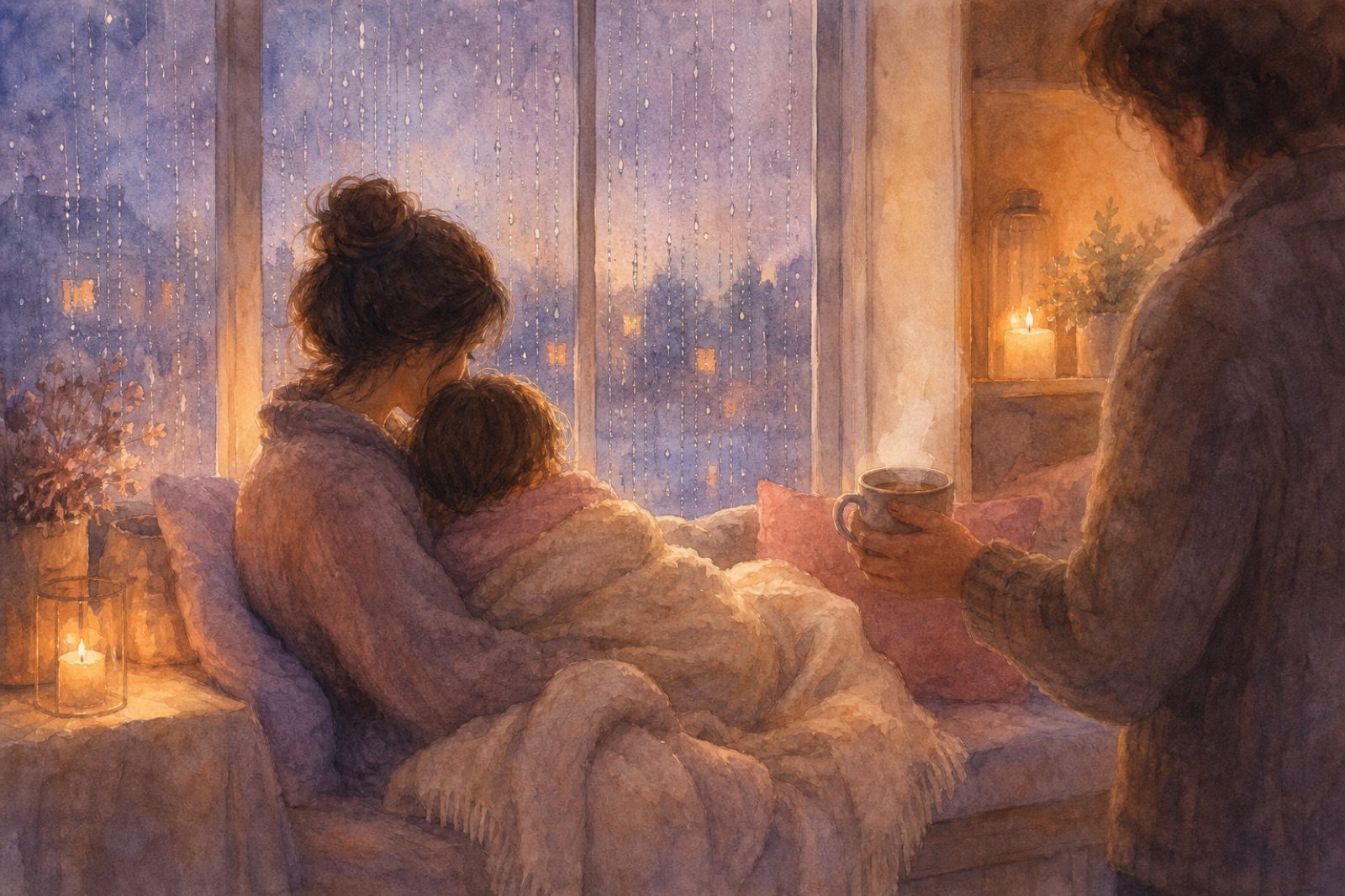 watercolor of a child wrapped in a blanket, curled against an adult in a window seat in the evening, rain on the glass